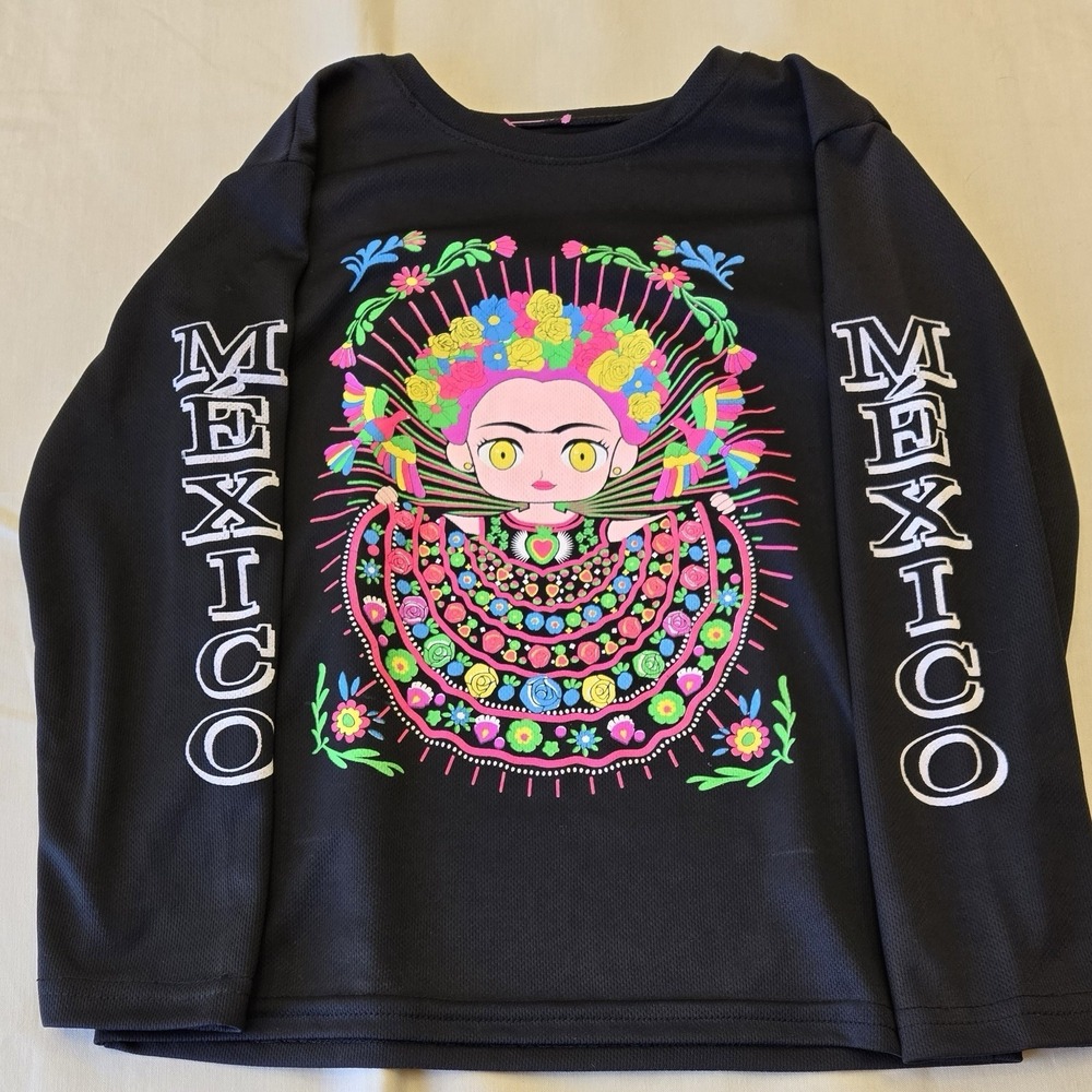 Frida kahlo Kids Long Sleeve Shirt Black Neon Folk Art Graphic Tee Size 10